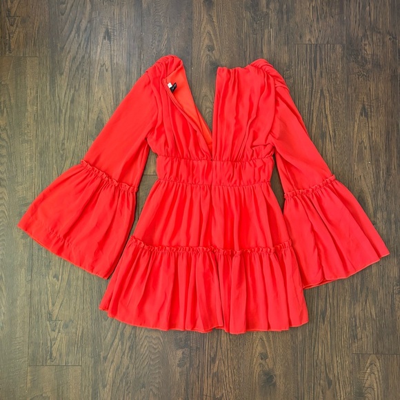 Miss Layered Red Orange Flare Long Sleeve V Neck A Line Dress Women’s Medium - Picture 2 of 7